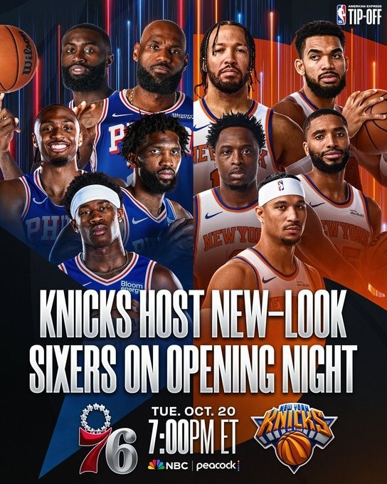 开始预热！NBA官推发布揭幕战海报：76人五星VS尼克斯冠军首发